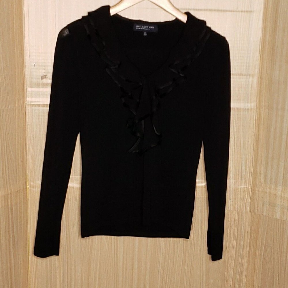 Jones New York Signature Petite Black Sweater Ruffle Neck Small